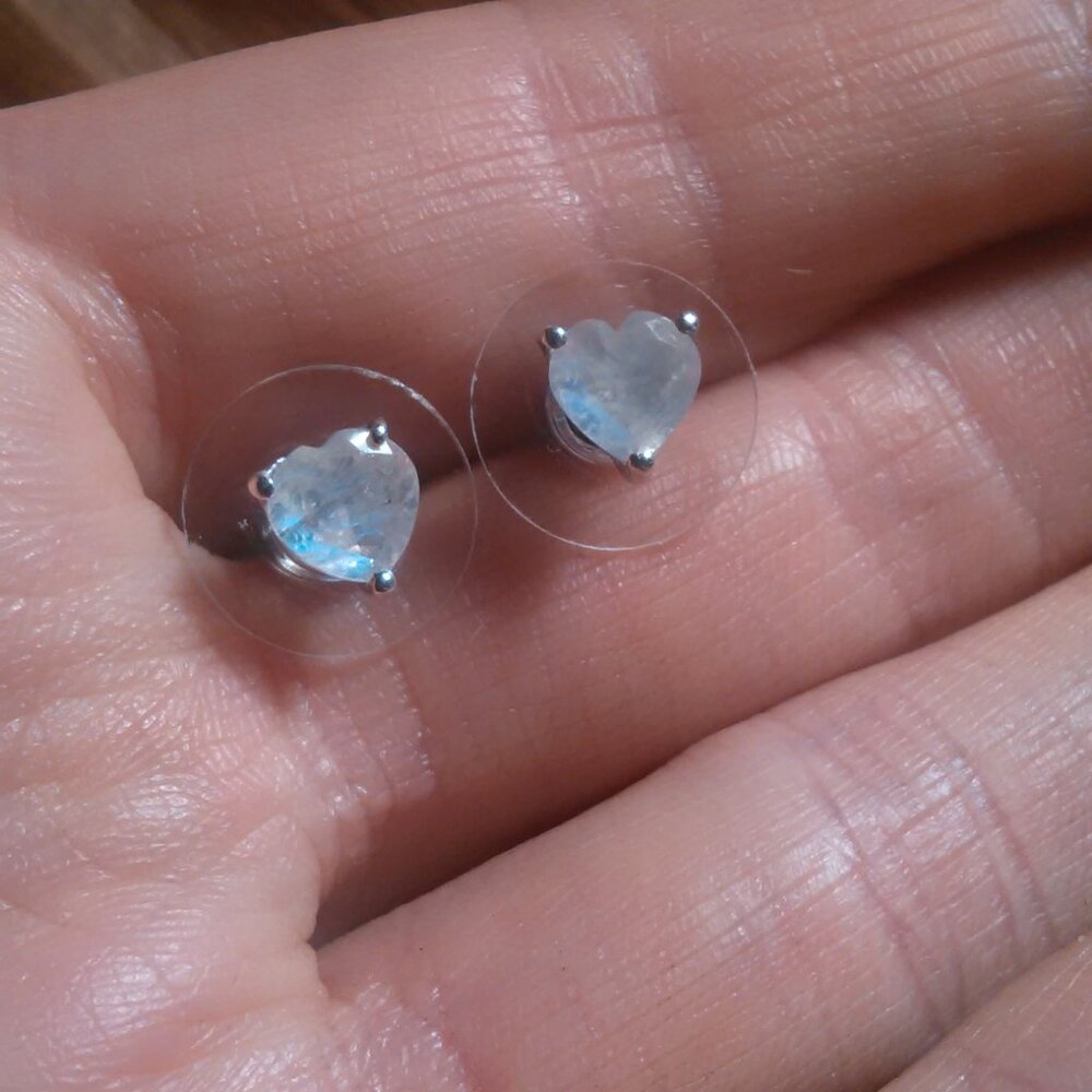 Moon Glow Moonstone Sterling Silver Heartlight Glow Heart Stud Earrings - Picture 7 of 11